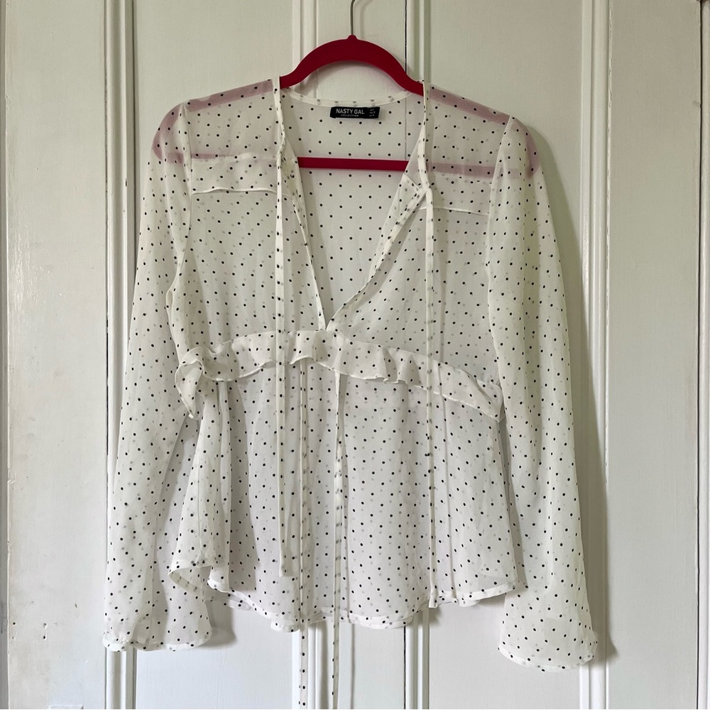 sheer black and white polka dot blouse